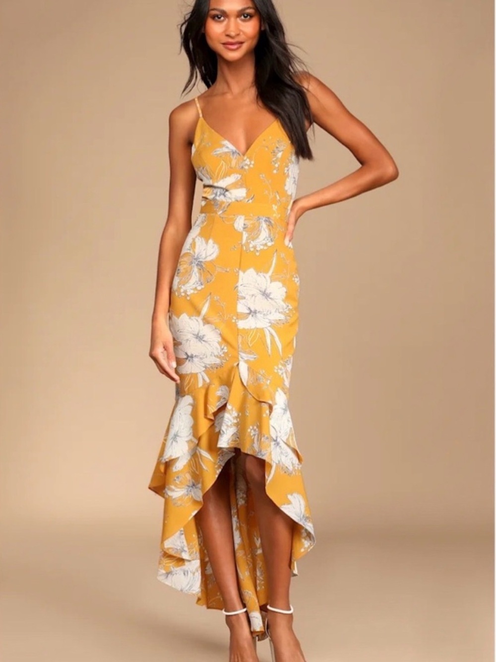 Lulus “Darling Daylily”  Mustard Floral High-Low Spaghetti Strap Dress